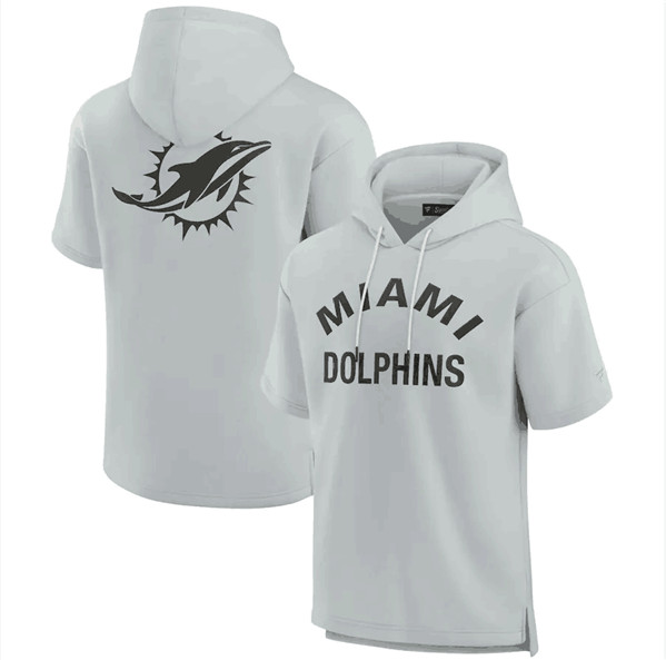 Men's Miami Dolphins Gray Super Soft Fleece Short Sleeve Hoodie - Click Image to Close